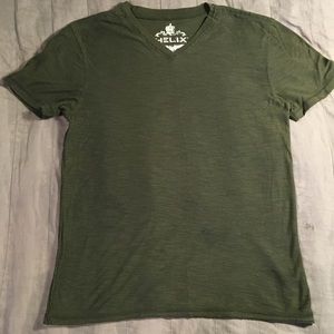 Helix brand olive green v-neck t-shirt, size small